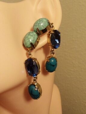 Gold-Tone Dangle Earrings with Teal Turquoise and Deep Blue Stones